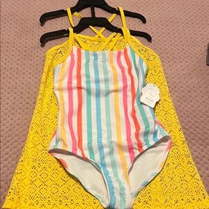 Colorful Striped Swimsuit with Yellow Cover-Up two piece